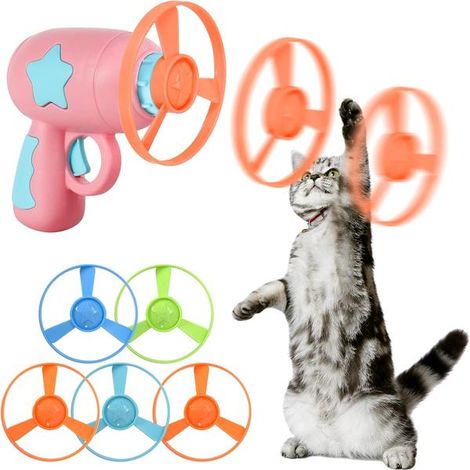 Frisbee volant interactif avec fronde et 5 frisbees de couleurs aléatoires pour chats et chiens (rose) (1/5)