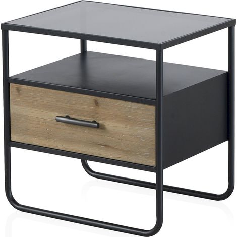 Table de chevet métal et bois avec tiroir et plateau verre - noir métal et bois naturel (1/5)