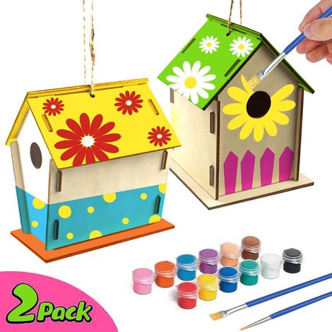 Maisonnette Pour Oiseaux - Kit De Bricolage En Bois Naturel - Peinture Incluse 30 ml - Pour Enfants Et Adultes - 2 Pièces (1/5)