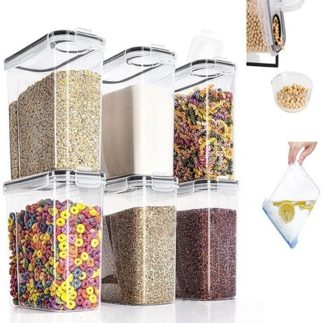 Lot de 6 bocaux de conservation de 4 litres, en plastique hermétique avec couvercles, pour riz/pâtes (1/5)