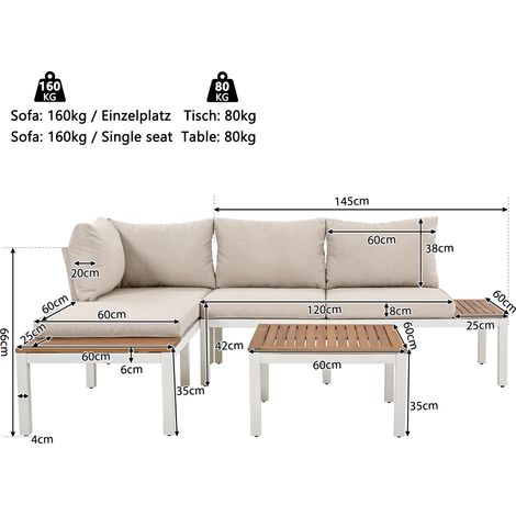 ELVMI Salotto da Giardino con 2 Divani 2 Posti, 2 Tavolini Laterali e 1 Tavolino, Ferro e Legno di Acacia, Beige (1/4)
