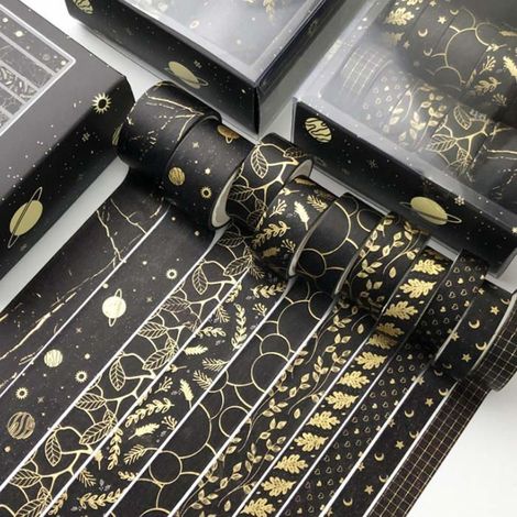 Lot de 10 rouleaux de ruban adhésif décoratif Washi de 3 tailles différentes, à motifs géométriques et à feuille d'or. (1/5)