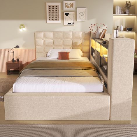 Bett 90x200 cm modern gepolstert in Beige mit L-Kopfteil, hydraulischem Stauraum, LED-Beleuchtung und USB (1/5)