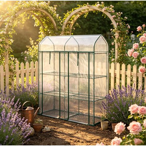 Serre de jardin pour balcon, étagères en métal, couverture plastique transparente, portes enroulables zippées, 143 x 46 x 165 cm, aération et protection des plantes - CHICFURN (1/5)