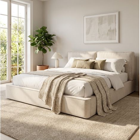 Letto contenitore per adulti 160x200 cm, testiera imbottita, rete a doghe, ciniglia beige (1/5)