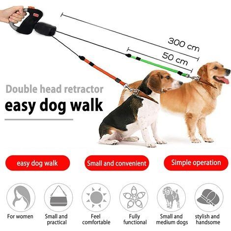 Ausziehbare Doppelleine für zwei Hunde, verstärkt und mit rutschfestem Griff, 3 m lange Doppelleine für zwei Hunde, flexible Doppelleine mit robustem 360°-Nylonband (1/4)