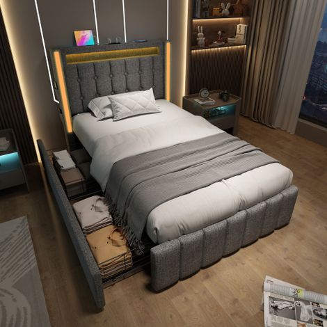 Polsterbed USB Type C Chargefunktion LED-Illumination und 2 Drabladen, Jugendbetten 90x200cm Einzelbett Stauraumbetten Bettgestell, Lattenrost aus bois, Gris (Sans matelas) (1/5)
