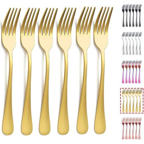 Fourchettes de table dorées, lot de 6, en acier inoxydable de 20,5 cm, plaqué or titane, pour mariage. (1/5)