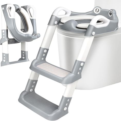 Reducteur Toilette Enfant, Réducteur WC avec Marches, Rehausseur Toilette Enfant avec Coussin PU, Hauteur Réglable et Pliable, Antidérapant, Adaptateur Toilette pour Garçons et Filles (Blanc, Gris) (1/5)