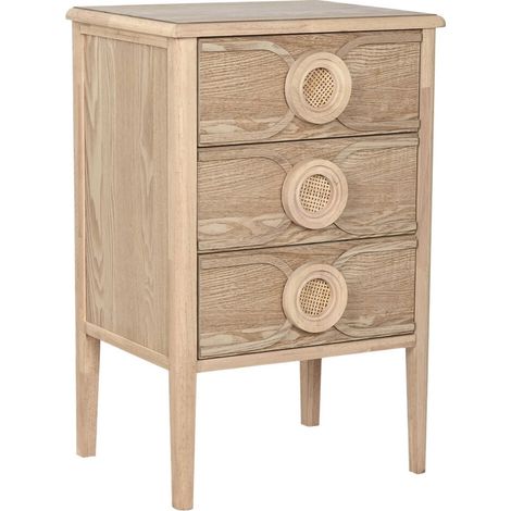 Table de chevet romantique en bois naturel avec trois tiroirs - Bois naturel clair et beige (1/5)