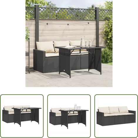 Gartenessgruppe - 2-tlg. Garten-Essgruppe mit Kissen Schwarz Poly Rattan (1/5)