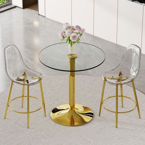 Conjunto de bar redondo Ø89 cm de vidrio y metal dorado con 2 taburetes transparentes MEUBLIV (1/5)