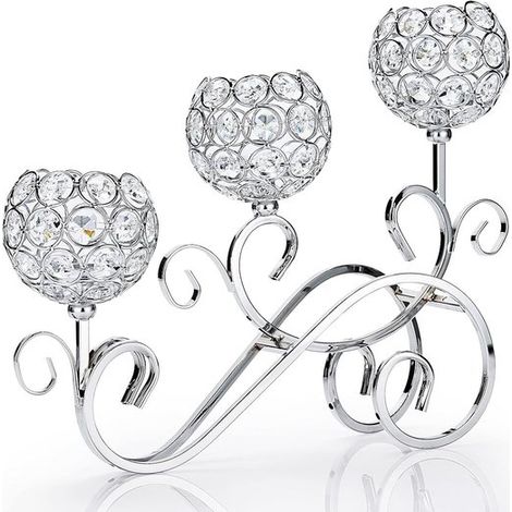 Allecto Plus，Candelabro en forma de S con 3 brazos y cuencos de cristal y metal，Portavelas decorativo para Navidad，Plateado (grande) (1/5)