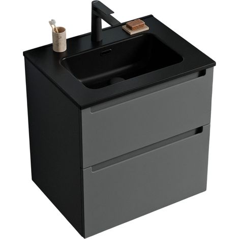 BERNSTEIN - Muebles de baño suspendidos, muebles de cuenca negra con 2 cajones - 5 años Garantía - 64x61x47cm - Mat Anthacite - Vireo