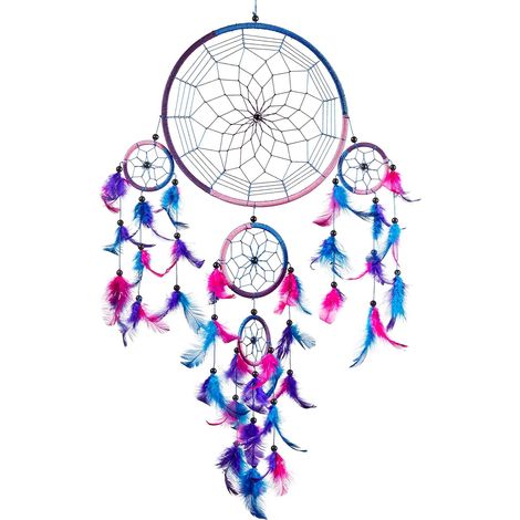 Grand Attrape rêve Bleu Roi, Rose, Violet Dreamcatcher à Perles & à Plumes Fait Main, Capteur de Rêves Multicolore(22x60 cm)