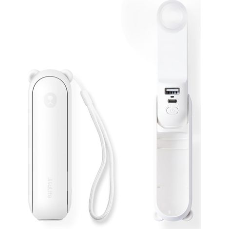 Handventilator, tragbarer Mini-Ventilator, wiederaufladbarer USB-Akku (14–21 Stunden Akkulaufzeit), leise und faltbar, mit Powerbank und Taschenlampe – Weiß