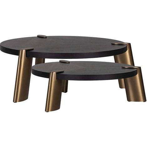 Table basse design ronde effet chêne et acier noir charbon - chêne foncé et bronze mat (1/5)