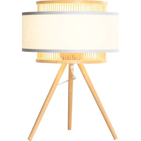 Lampe salon design moderne bambou et polyester - Beige naturel clair et blanc (1/4)