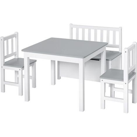 Ensemble de table et chaises enfant - set de 4 pièces - table, 2 chaises, banc coffre 2 en 1 - MDF pin blanc gris (1/5)