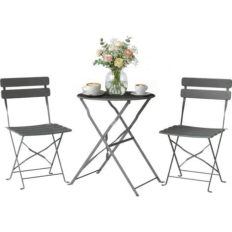 3-teiliges klappbares Gartentisch-Set aus grauem Metall + 2 rostbeständige Klappstühle, doppelt geschütztes Bistro-Set für den Außenbereich