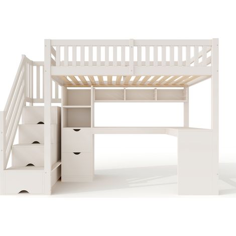 Cama alta infantil 90 x 200 cm blanca con escalera de almacenaje y escritorio en esquina MODENUIT (1/5)