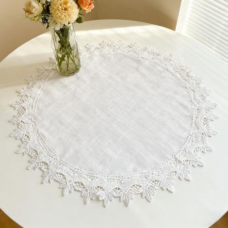 Runde Tischdecke 60cm Beige Leinen mit Blumenstickerei und Spitze