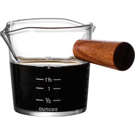 Tasse à lait à double bec verseur avec poignée en bois, mug doseur en verre pour la cuisine, fond épais. (1/5)