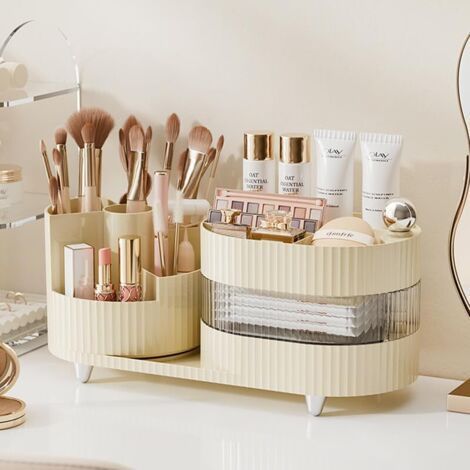 Organiseur de maquillage rotatif pour coiffeuse avec support de pinceaux et tiroir, 3 couches de rangement de maquillage, grand organisateur de maquillage, organisateur de parfum, de lotions (1/4)