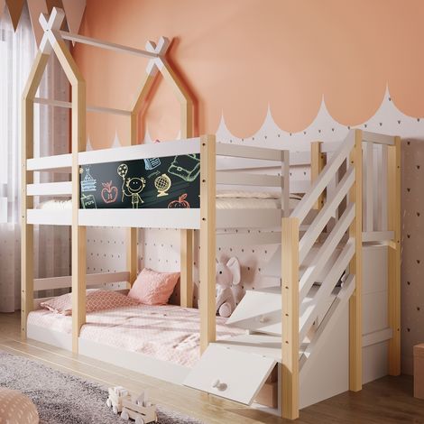 Etagenbett 90x200 Kinderbett Baumhaus mit Treppe und Stauraum, sicheres Hochbett aus Holz mit Rausfallschutz und Tafel, Natur & Weiß (1/5)