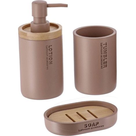 1 - Ensemble Accessoires Salle De Bain - Gobelet Distributeur Savon Porte Savon - Polyresine Bambou - Pour Lavabo Familial - Cappuccino - 20x15x10cm