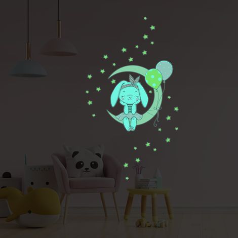 Sticker phosphorescent lumineux - LAPIN ASSIS SUR LA LUNE ET 30 ÉTOILES - Autocollant mural plafond enfant - 105x100cm (1/5)