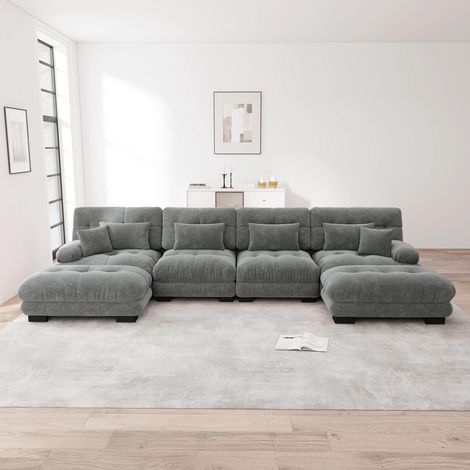 Canapé d'angle modulable, ensemble de canapés en forme de U, adapté au salon, canapé nuage quatre places confortable avec pouf amovible, combinable à faire soi-même, tissu chenille, gris. (1/5)