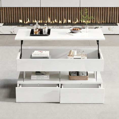 Couchtisch (100 x 50 x 46 cm), höhenverstellbar, mit verstecktem Stauraum, 2 Schubladen, Hochglanz, Weiß, MDF (1/5)
