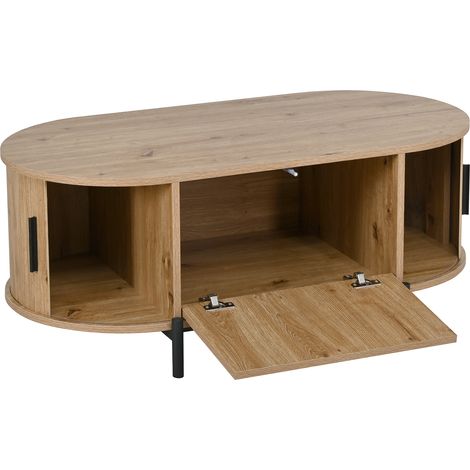 Table basse ovale avec rotin, portes coulissantes, aspect bois, pieds en métal, table de salon multifonction avec rangement (1/5)