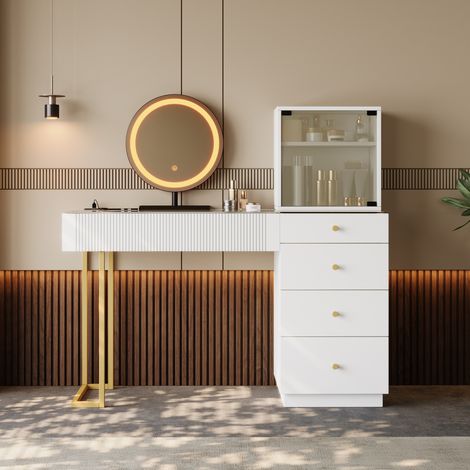 Coiffeuse avec miroir lumineux LED, plateau en verre trempé transparent, 5 tiroirs et 1 armoire, blanc, dimensions L120 x P40 x H120 cm (1/5)