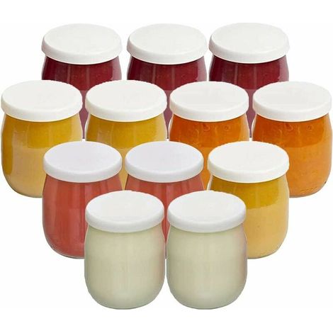 Lot de 12 pots à yaourt en verre 143 ml - Couvercle anti-goutte - Fabriqué en France - Parfait pour Thermomix, SEB et  robots (1/4)