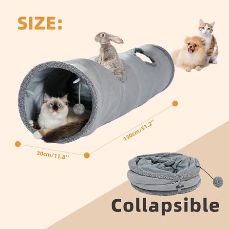 Jouet Tunnel pour Chat, Tunnel pour Chat Pliable avec Grottes, avec 2 Trous et Boule Suspendue pour Chats Chatons Lapins Dia 30 x 130cm Gris (1/5)