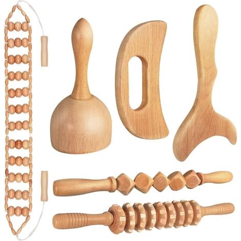 Set de masaje de fisioterapia de madera (6 piezas) - Set de masaje de madera para moldear el cuerpo - Herramientas de terapia corporal para aliviar el dolor muscular - Set de masaje de madera de haya (1/5)