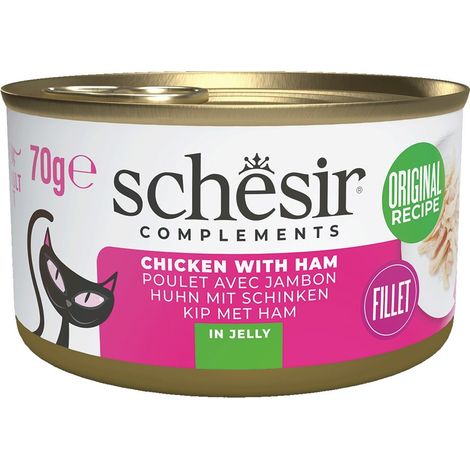 Schesir Filetes de Pollo con Jamon en Gelatina - Comida Humeda Complementaria para Gatos - 70 g