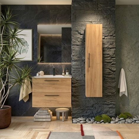 Colonna Bagno Sospesa 140 cm con 1 Anta e Chiusura Soft Close Rovere Africa – Reva