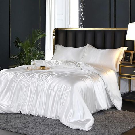 Housse de Couette Satin 220x240 Blanc avec 2 Taies d'oreiller 65x65 cm (1/5)