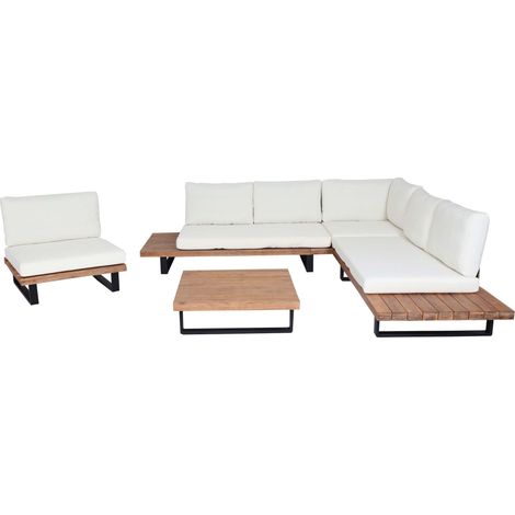 Set salotto giardino esterno salottino poltrona HHG-469 legno acacia alluminio marrone chiaro con cuscini avorio bianco