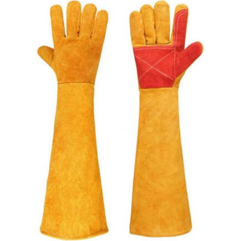 (Gelb) Bissfeste Arbeitshandschuhe, 60 cm, strapazierfähige Lederhandschuhe für Bad, Fellpflege und Umgang mit Tieren