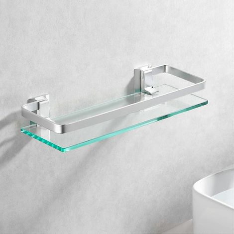 Rechteckiges, einstufiges Badezimmerregal aus Aluminium mit gehärteter Glasplatte, extra dick, sandgestrahlte Silberoberfläche, zur Wandmontage (1/5)