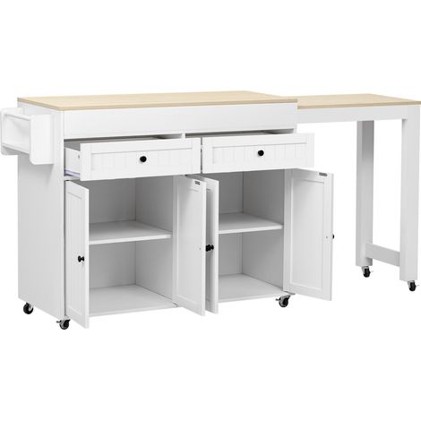 Îlot de cuisine mobile avec plan de travail rétractable, tiroirs et roulettes, MDF blanc et naturel (1/5)