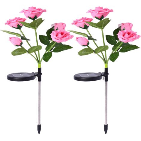 Juego de 2 luces solares con forma de flor, 5 rosas decorativas de pie, LED RGB, resistentes al agua, para iluminación de entradas de vehículos, césped, jardín y paisajes. (1/5)