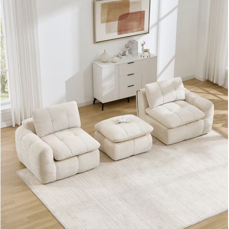 Canapé modulaire d’angle 2 places avec ottoman, chenille beige, 194x160x68 cm (1/5)