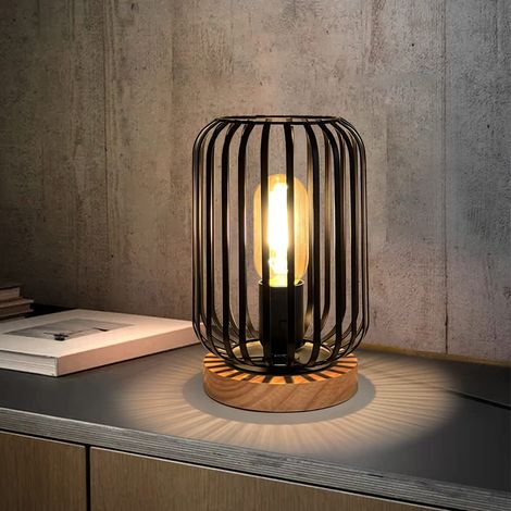 22cm Decorative Metal Cage Table Lamp  Edison Bulb, Wooden Base  Vintage Warm Atmosphere for (1/5)