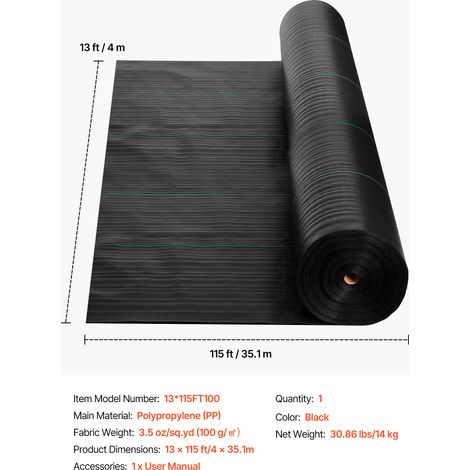 VEVOR Weed Barrier Fabric Heavy Duty, 13x115FT 3.5oz Landscape Fabric, Woven Weed Blocker Fabrics, Garden Fabrics Weeds Barrier, Weeds Control Ground Cover, Geotextile Webbing, Gardening Mat, Black (1/4)