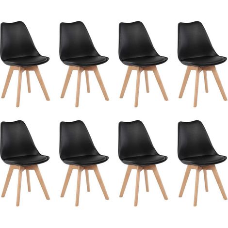 8er Set Esszimmerstühle Skandinavisches Design mit Buchenholzbeinen, Kunstleder, Schwarz (1/5)